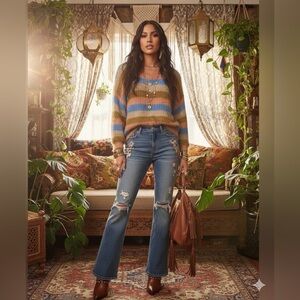 Entro Boho Glam Eyelash Knit Striped Sweater Size Large Multi-Color Fuzzy Fluffy